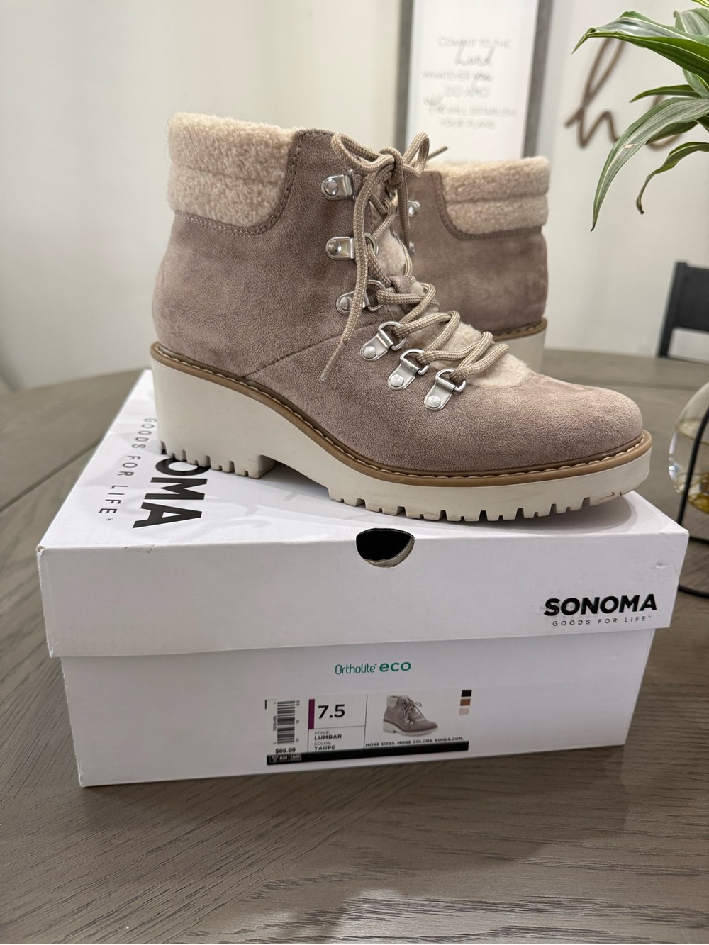 Sonoma Faux Fur Heel Boot - Ortholite Eco Lumbar Taupe  Women’s 7.5